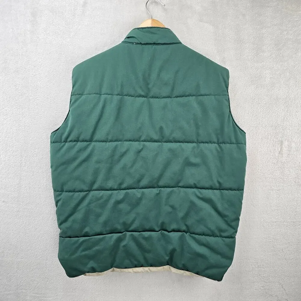 Vintage Lacoste Puffer Vest Mens Medium Green 90s Revirsible Full Zip Snap